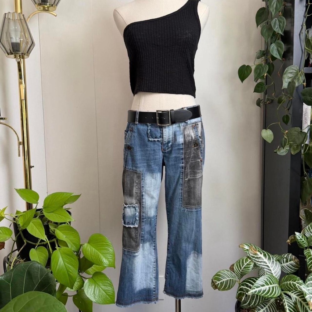 Akdmks Women Y2K Patchwork Capri Jeans Blue Black Distressed Low Rise Size 13